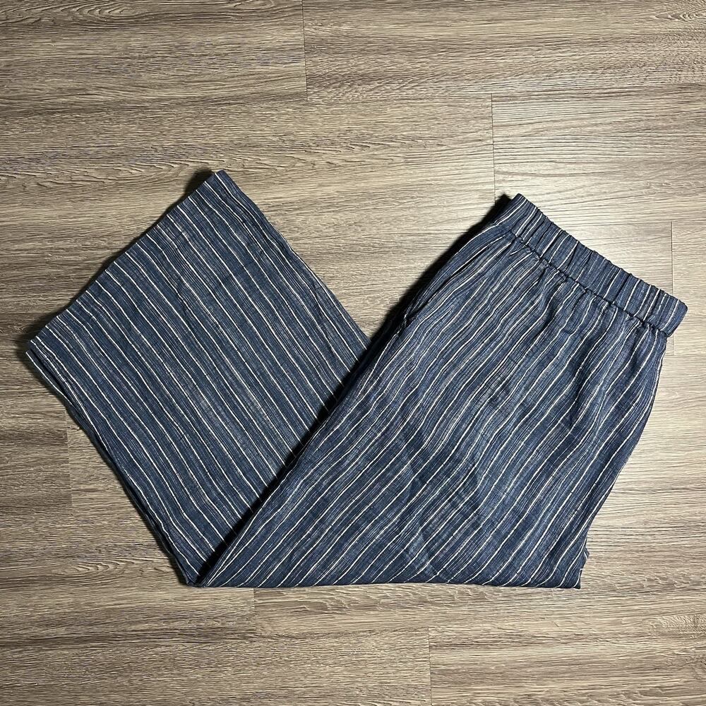 Eileen Fisher Delave Pinstripe Pants Women's L Blue Organic Linen Wide Leg Crop